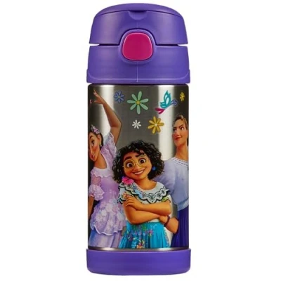 Image of Thermos Encanto Water Bottle (355ml) BPA Free, Stainless Steel, Spill Proof, Pop Up Straw, Disney Kids Flask with Personalised Name Labels &amp; Carry Handle for 12 Hour Cold Drinks
