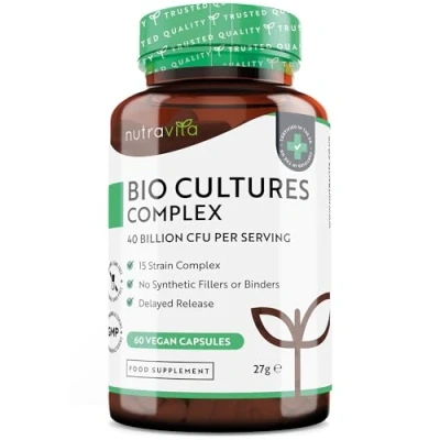 Image of Super Strength 40 Billion CFU Bio Cultures Complex with 15 Live Strains Advanced Multi Strain Formula Vegan Capsules Digestive Enzyme Supplement for Men &amp; Women Made by Nutravita