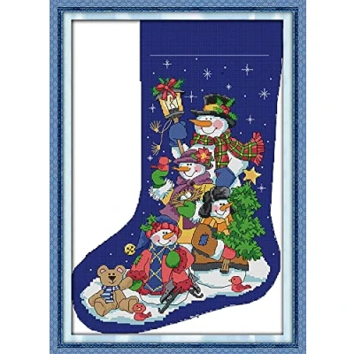 Image of OWN4B Cross Stitch Kits Pre Printed, Christmas Stocking Snowman Stamped Pattern 11CT 17.3x24.0 inch DIY Embroidery Kit (Sock 14)