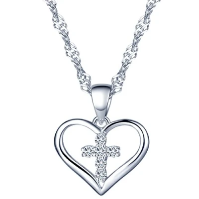 Image of Yumilok Jewelry 925 Sterling Silver Cubic Zirconia Elegant Cross Heart Shaped Pendant Necklace for Women/Girls