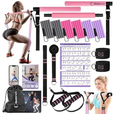 Image of Pilates Bar and Resistance Band Set with Handles, Portable Home Gym, Includes Door Anchors, Ankle Strap Extension Straps Comes Fitness Posters Videos