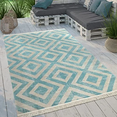 Image of Paco Home Indoor &amp; Outdoor Rug Flat Weave With Modern Diamond Pattern For Terrace And Balcony, Size:200x280 cm, Colour:Yellow White