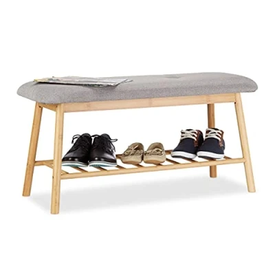 Image of Relaxdays Bamboo Shoe Bench for 2, Padded Storage Rack up to 4 Pairs, Comfy Stand, Natural Grey