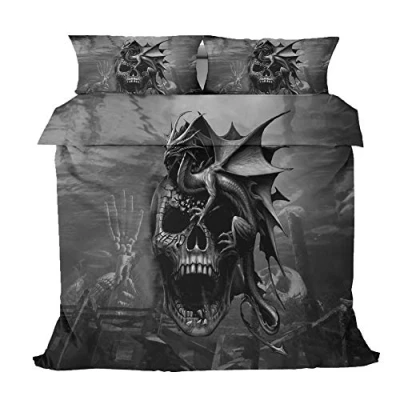Image of Sticker Superb. Sugar Skull Gothic Skeleton Black Duvet Cover Set with Pillowcase, Halloween Floral Dragon Boy Man Home Bedding Microfiber Polyester (Grey, Single 135x200cm)
