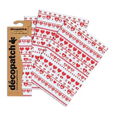 Image of Décopatch Ref C613O Hearts, Ribbon and Lace Pattern Paper Pack Each Sheet 30 x 40cm, of 3 Sheets Best Used With Décopach Glue &amp; Varnish, Red White
