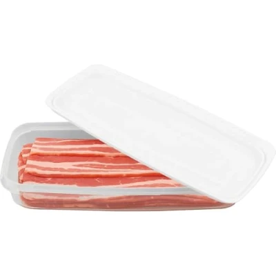 Image of ANGIX 1L Clear Rectangular Bacon Storage Box Stack able Long Food Container With Airtight Lid, Stores Such As Sliced Meat, Cheese, Pate White