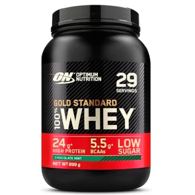 Image of Optimum Nutrition Gold Standard 100% Whey Muscle Building and Recovery Protein Powder With Naturally Occurring Glutamine BCAA Amino Acids, Chocolate Mint Flavour, 29 Servings, 899 g