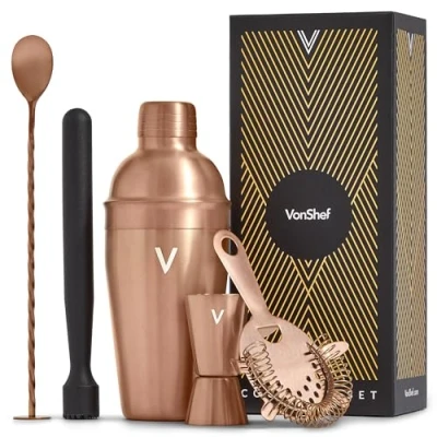Image of VonShef Cocktail Shaker Set, Copper 5pc Set with 550ml Manhattan Shaker, Professional Bartender for Home Bar, Including Strainer, Muddler &amp; Other Bar Accessories, Gift Box Included