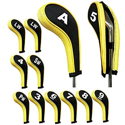 Image of TOHMLAPE Number Print Golf Iron Head Covers with Zipper Long Neck 12pcs/set for Irons Titleist, Callaway, Ping, Taylormade, Cobra,Black &amp; Yellow