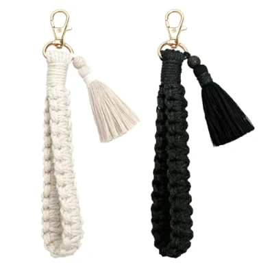 Image of YaLiyA 2 Pcs Macrame Keychain Bracelet Wristlet Boho with Tassel Keyring Holder Wrist Key Lanyard for Women Girls
