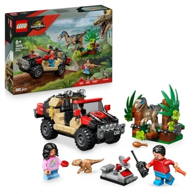 Image of LEGO Jurassic World Raptor Off Road Escape Dinosaur Toy incl. 2 Dino Figures, Car &amp; Minifigures Gift for 6+ Year Old Boys, Girls Rebirth Movie Fans 76972
