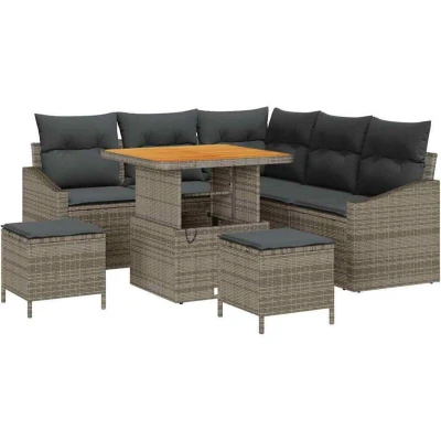 Image of vidaXL 8 Piece Garden Sofa Set with Cushions Grey Poly Rattan Acacia