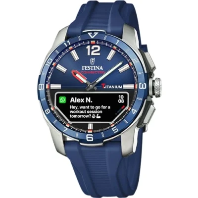 Image of Festina Connected D Hybrid Smartwatch (44mm) Dark Blue Integrated Digital Dial/Dark Rubber Strap F23000/1