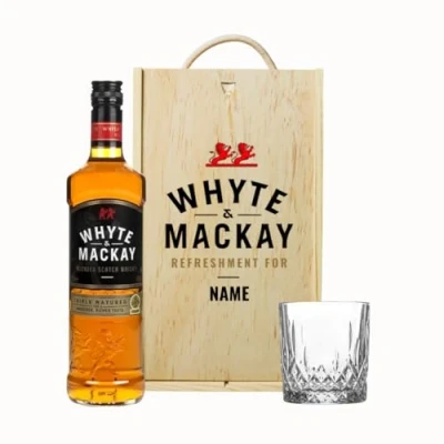 Image of Personalised Whyte and Mackay Blended Scotch Whiskey 70cl in Wooden box with glass (40% ABV)