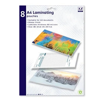 Image of Pack 8 Glossy Finish A4 Laminating Pouches Sleeves 80 Microns