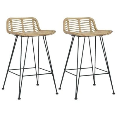 Image of vidaXL Natural Rattan Bar Chairs Set of 2 Comfortable Seating with Robust Metal Legs for Kitchen and Dining Room