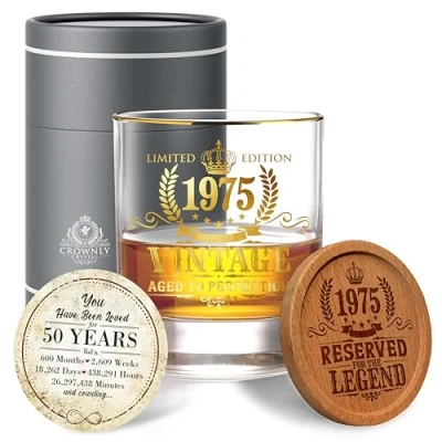 Image of CROWNLY CRYSTAL® 1975 50th Birthday Gifts Men Personalised Whiskey Glasses Decorations Husband for Man Gift Ideas Glass Set