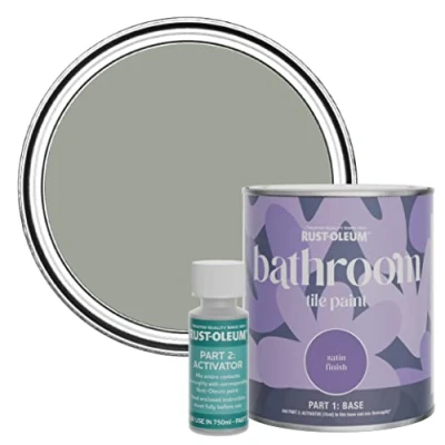 Image of Rust Oleum Green Water Resistant Bathroom Tile Paint in Satin Finish Tea Leaf 750ml