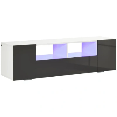 Image of HOMCOM High Gloss TV Unit Cabinet for TVs up to 60&quot; with LED Lights, Stand Storage Shelves and Cupboards, Grey
