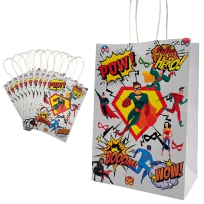 Image of Second Ave 10 Pack of Superhero Kraft Paper Children&#039;s Kids Birthday Party Gift Goodie Bags for Sweets Candy with Handles