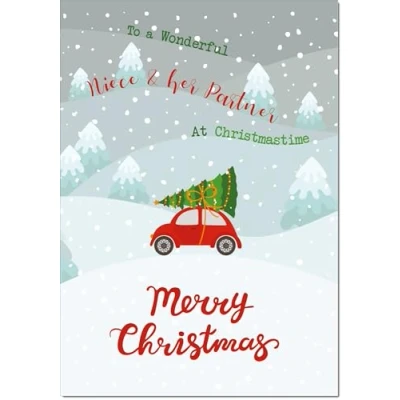 Image of doodlecards Niece &amp; Partner Christmas Card Tree in Car Medium Size with Plain Envelope