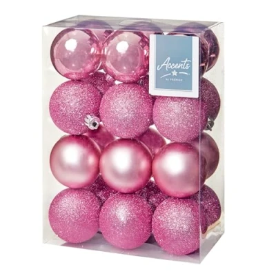Image of Shatterproof Christmas baubles 24 Pack 60mm Premier Tree Decoration, matt, shinny and glitter (Pink 9325)