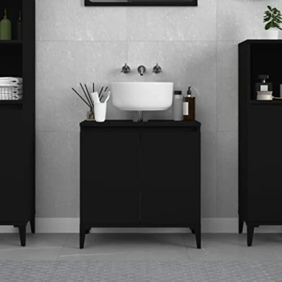 Image of Bathroom Under Sink Cabinet, Vanity Base Unit Storage Floor Cabinet Black 58x33x60 cm Engineered Wood