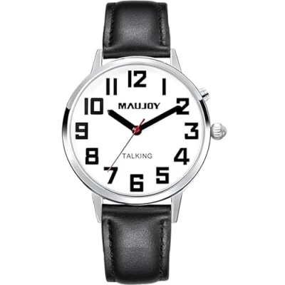 Image of MAUJOY Quality Clear and Loud Voice Ultra Thin Mens English Talking Watch Speaks The Time, Date or Alarm time for Elderly, Impaired Sight Blind