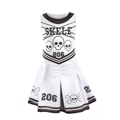 Image of Girls Halloween Skeleton Cheerleader Small Black and White Dress with Skull Crossbones Design Kids Fancy Costume