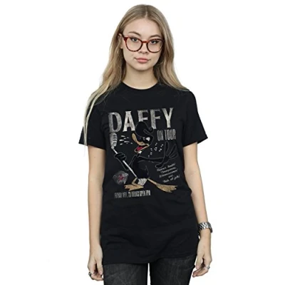 Image of Looney Tunes Women&#039;s Daffy Duck Concert Boyfriend Fit T Shirt Black Large