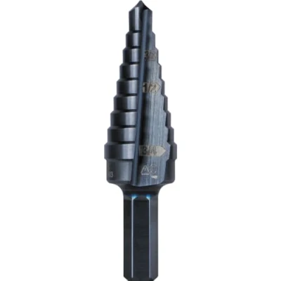 Image of Klein Tools KTSB03 Step Drill Bit Double Fluted 3, 1/4 to 3/4 Inch with Easy Read Markings and Targets, 3/8 Hex Shank , Black