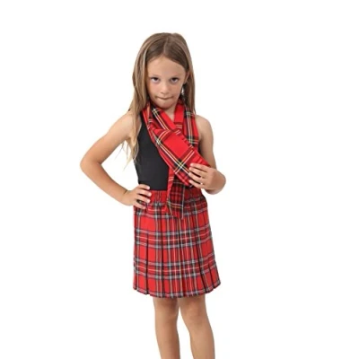 Image of Crazy Chick® New Girls Box Pleated Red Tartan Skirt &amp; Scarf Kids School Uniform Fancy Dress Party (5 6 Years)