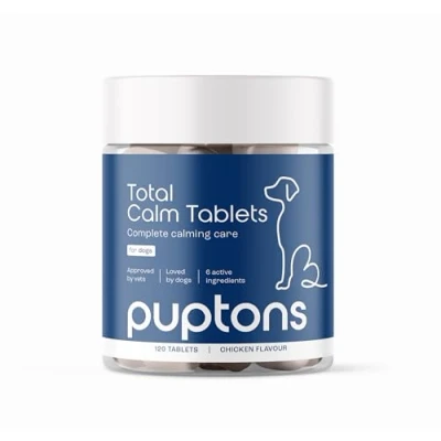 Image of Puptons Total Calm Calming Tablets for Dogs Reduces Stress, Anxiety, Barking, Fear, Hyperactivity, Aggression Tasty Chicken Flavour 120 White