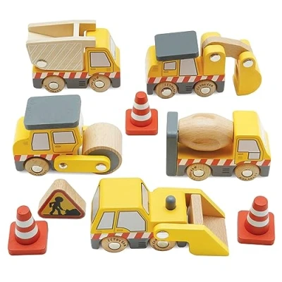 Image of Le Toy Van Cars &amp; Construction Wooden Vehicles Pretend Play Set With Lifting Crane, Scoop, Roller, Digger, Tip up Truck and Cones Builder Suitable For Age 3+