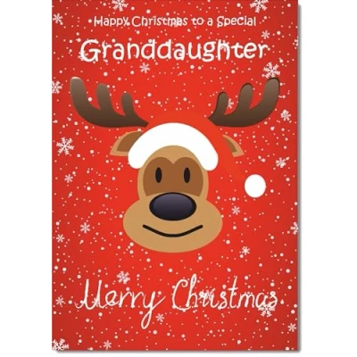 Image of doodlecards Granddaughter Christmas Card Rudolph on Red Background Medium Size for with Plain Envelope