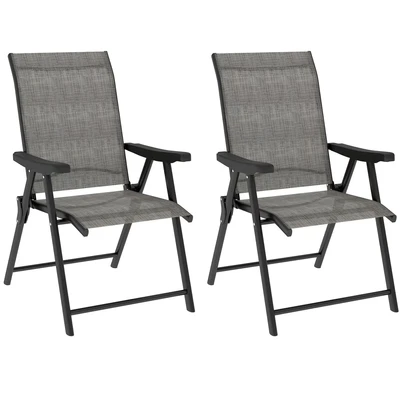 Image of Outsunny Set of 2 Folding Chair, Garden Chair with Breathable Mesh Back and Seat, Outdoor Camping Chairs Armrests, Steel Frame for Deck Balcony, Black Grey