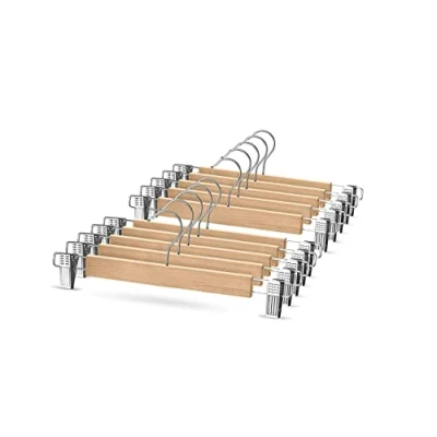Image of High Grade Wooden Trouser Hangers with Clips (10 Pack) Durable Skirt Hangers, 360 Hook, for Trousers Jean / Pants Hanger Non Slip Adjustable Slacks &amp; Shorts
