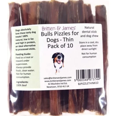 Image of Britten &amp; James 10 Thin Bulls Pizzles for Dogs (12cm length) Bully Stick, Natural Dental Stick and Dog Chew. Hypoallergenic, Grain Free Long Lasting Treat