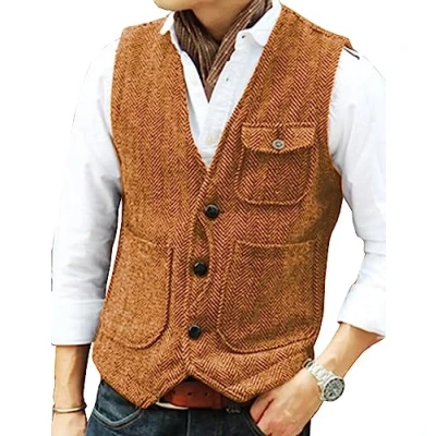 Image of Solovedress Mens Vintage Wool 3 Real Pockets Suit Vest V Neck Tweed Waistcoat for Wedding Groomsmen(Orange,XXXL)