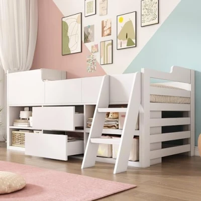 Image of Merax Kids Single Bed with 2 Drawers and Shelves, 3FT Wooden Storage, Slatted Frame, Mid Sleeper Cabin for Children, White, 90x190 cm (No Mattress)