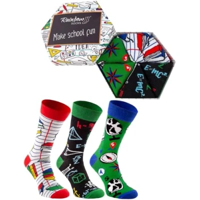 Image of Rainbow Socks Men Women Funny School Box Gift 3 Pairs Maths Geography Notebook Size 7,5 11