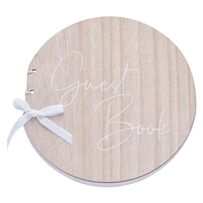 Image of Ginger Ray Round Wooden Wedding Guest Book with Cream Ribbon, Brown
