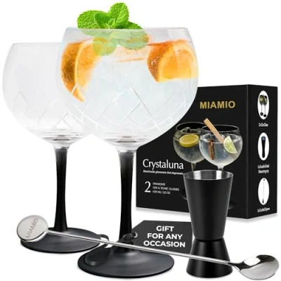 Image of MIAMIO 2 x 650 ml Gin Glass/Set of Glasses and Tonic Ideal for Cocktails Gift Set Including Measuring Cup Glass Stirring Spoon.