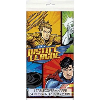 Image of Justice League Multicolor Rectangular Plastic Table Cover (137cm x 213cm) 1 Piece Vibrant Design for Superhero Themed Parties &amp; Events