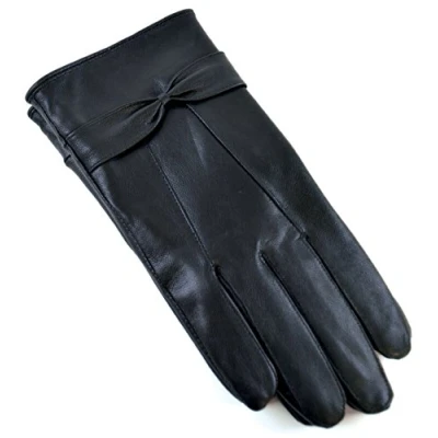 Image of RJM Ladies Lined Black Sheepskin Leather Gloves With Bow Size S/M