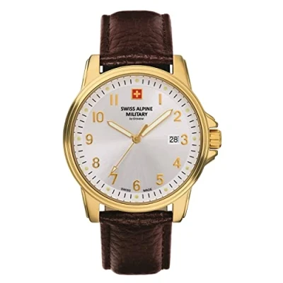 Image of Swiss Alpine Military Men&#039;s Watch Analogue Quartz 7011.1 Leather, Brown/Gold/Silver 1512sam, Strap.