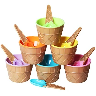 Image of TRIXES Set of 6 Ice Cream Dessert Bowls and Matching Spoons, Plastic, Assorted Cute Colours Pink, Lilac, Blue Orange, Yellow &amp; Green, Wafer Design Cone Bowl