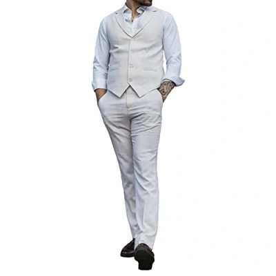 Image of Mens Summer Suit Waistcoat Trousers Linen Smart Formal Cream Beige Wedding 42