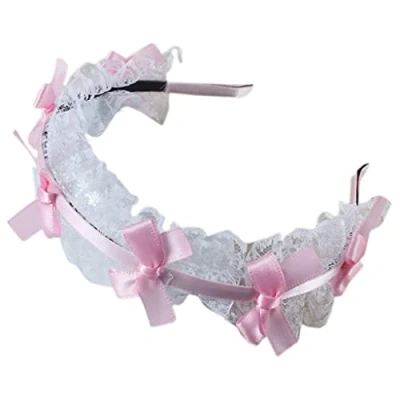 Image of Women Mesh Lace Headdress Lovely Ribbon Bowknot Headband Maid Anime Cosplay Gothic Novelty Hair Hoop Props Pleated Edge Accessories