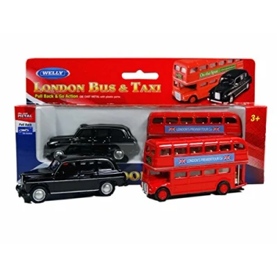 Image of London Double Decker Red Bus and Black Taxi Mini Models (Pull Back &amp; Go Action) Made of Die Cast Metal Plastic Parts